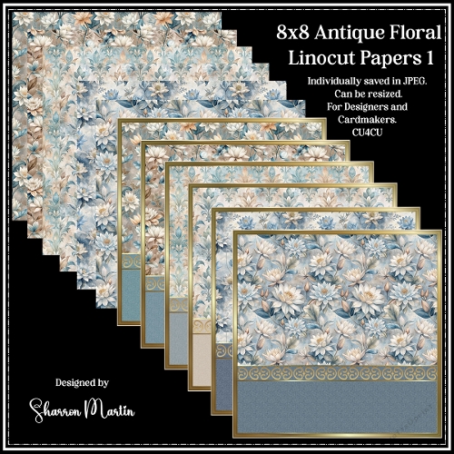 8x8 Antique Floral Linocut Card Fronts & Matching Papers 1