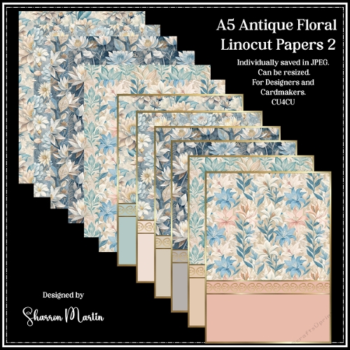 A5 Antique Linocut Floral Card Fronts & Matching Papers 2