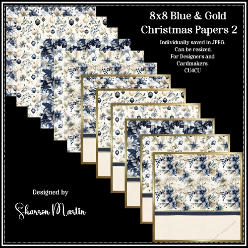 8x8 Blue & Gold Christmas 2 - Card Fronts and Matching Papers 