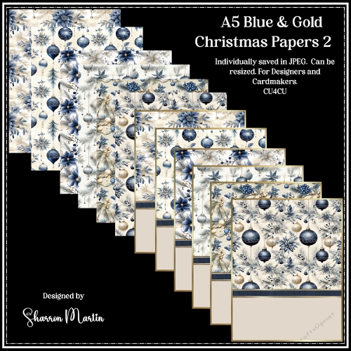 A5 Blue & Gold Christmas Card Fronts & Papers 7-12 