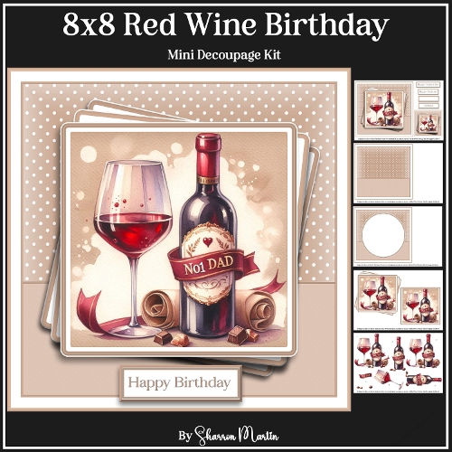 8x8 Red Wine Birthday Mini Decoupage Kit - x5 A4 Sheets 