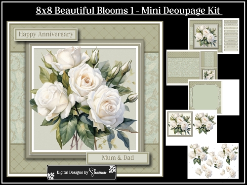 cup1387363_1495 - 8x8 Beautiful Blooms - White Roses 1 Mini Decoupage Kit 