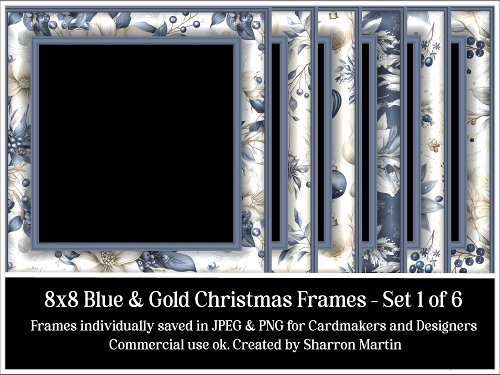 8x8 Blue & Gold Christmas Frames 1-6 JPEG & PNG