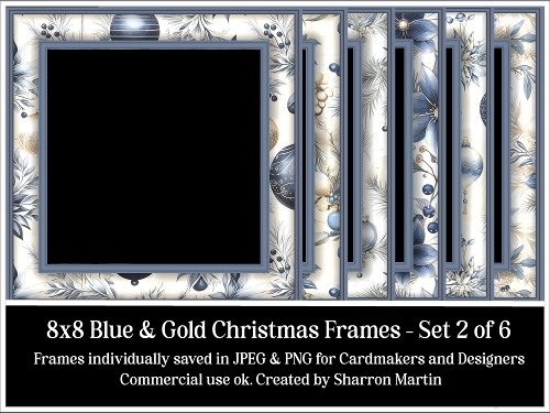 8x8 Blue & Gold Christmas Frames 7-12 JPEG & PNG