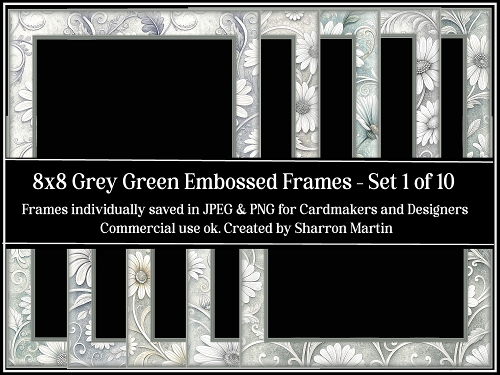 8x8 Grey Green Embossed Floral Frames 1-10 PNG