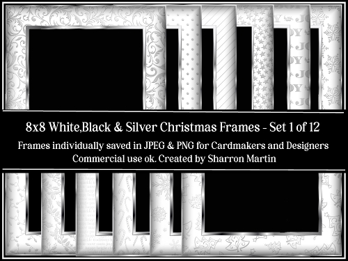 8x8 White, Black and Silver Christmas Frames 1-12 JPEG and PNG