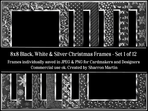 8x8 Black White and Silver Christmas Frames 13-24 JPEG PNG