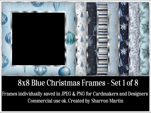 8x8 Blue Christmas Frames 1-8 JPEG PNG