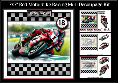 7x7 Red Motorbike Racing Mini Decoupage Kit - x3 A4 Sheets 