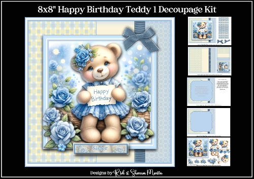 8x8 Happy Birthday Teddy 1 Decoupage Mini Kit - x5 A4 Sheets 