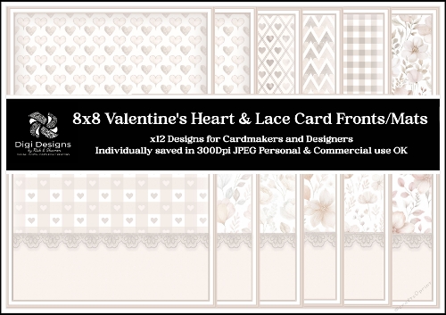 8x8 Valentines Beige Hearts & Lace Card Fronts 1-12 in JPEG