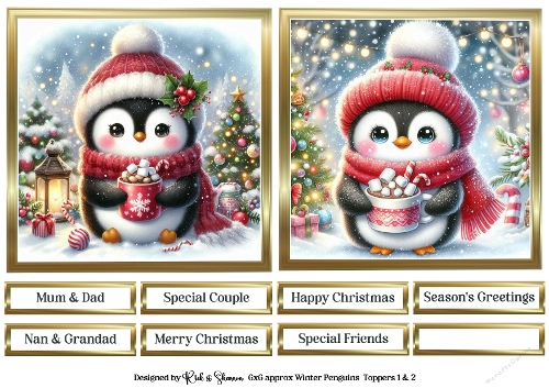 6X6 Red Winter Penguin Toppers with Sentiments 1 & 2