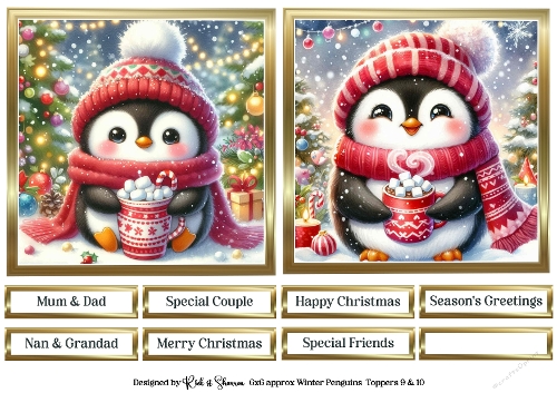6X6 Red Winter Penguin Toppers with Sentiments 9 & 10