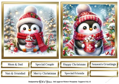 6X6 Red Winter Penguin Toppers with Sentiments 11 & 12