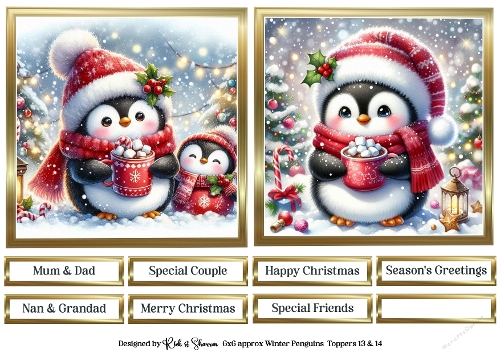 6X6 Red Winter Penguin Toppers with Sentiments 13 & 14