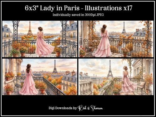 6x3 Lady in Paris Illustrations for Cardmakers & Designers x17 JPEGS