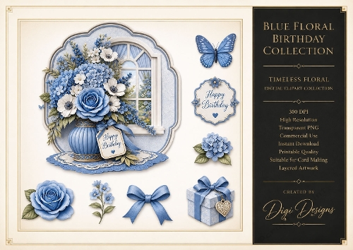 Blue Potted Florals Large Clipart Collection in PNG 