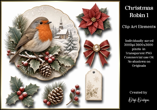Christmas Robin 1 Large Clipart Collection in PNG 