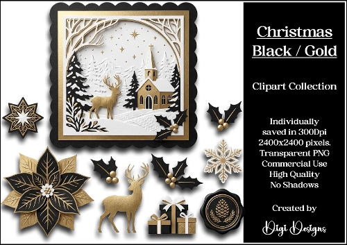 Christmas Black & Gold Clipart Collection PNG 