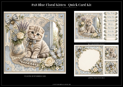 Blue Floral Kitten  - Quick Card Kit 