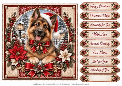 Festive German Shepherd 1 Christmas -Quick Card Front with Sentiments 