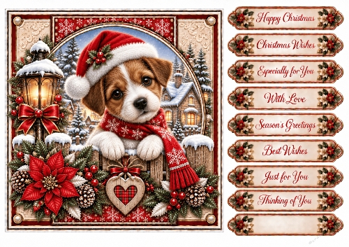 Festive Puppy 2 Christmas -Quick Card Front with Sentiments 