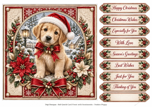 Festive Puppy 5 Christmas -Quick Card Front with Sentiments 
