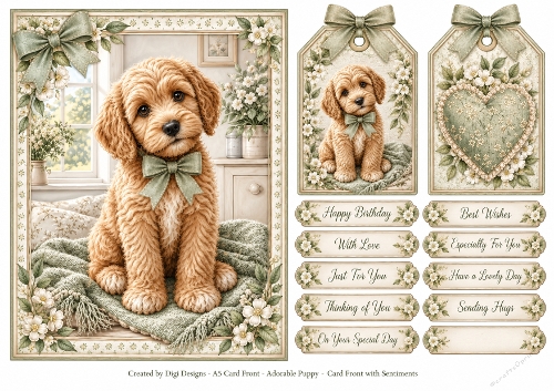 A5 Sage Puppy Quick Card Front with Sentiments 