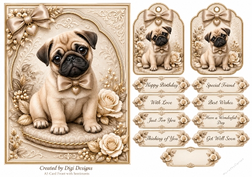 A5 Vintage Pug Quick Card Front with Sentiments 