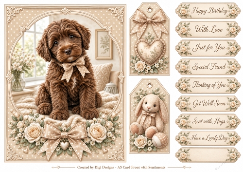 A5 Vintage Puppy 3 Quick Card Front with Sentiments 