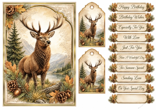 A5 Autumn Stag - Quick Card Front, Gift Tags and sentiments 