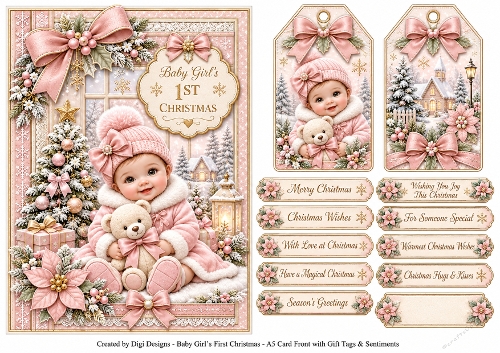 A5 Baby Girls 1st Christmas - Quick Card Front, Gift Tags and sentiments 
