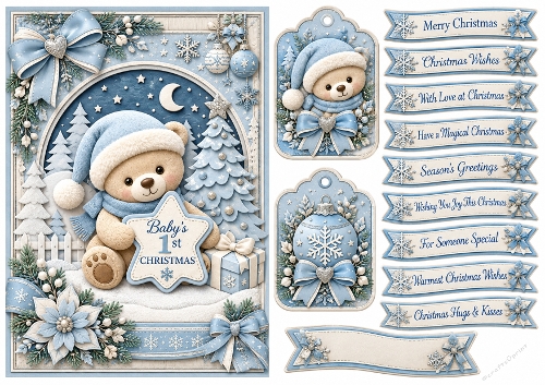 A5 Baby Boys 1st Christmas - Quick Card Front, Gift Tags and sentiments 
