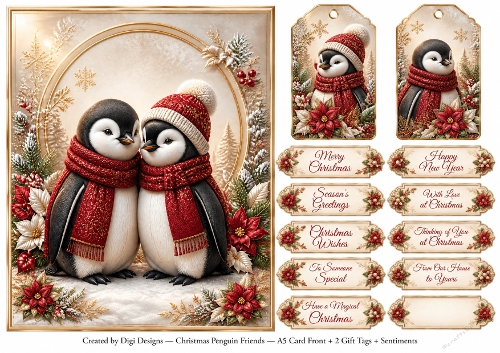A5 Christmas Penguin Friends - Quick Card Front, Gift Tags and sentiments 