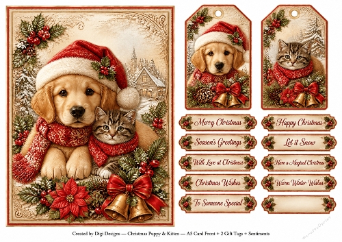 A5 Christmas Puppy & Kitten - Quick Card Front, Gift Tags and sentiments 