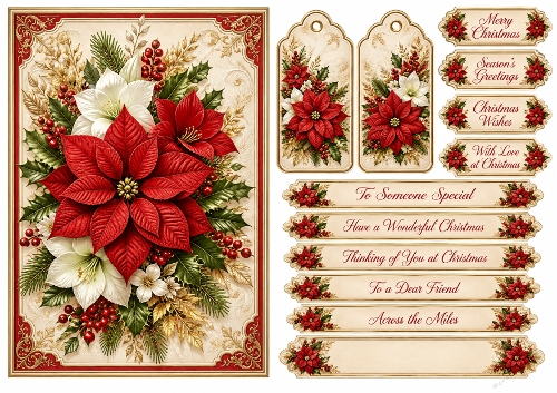 A5 Elegant Christmas Floral - Quick Card Front, Gift Tags and sentiments 
