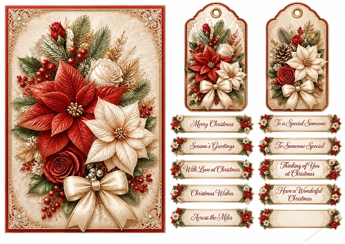 A5 Elegant Christmas Floral 2 - Quick Card Front, Gift Tags and sentiments 