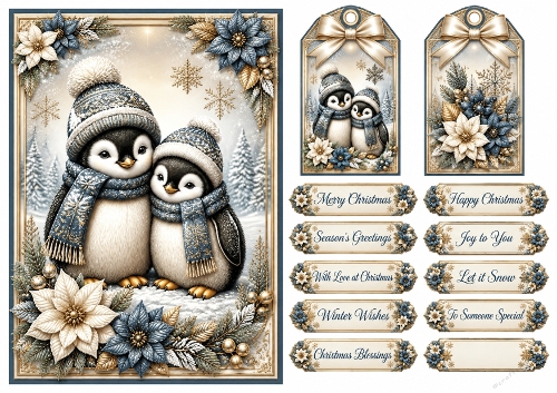A5 Elegant Winter Penguins - Quick Card Front, Gift Tags and sentiments 