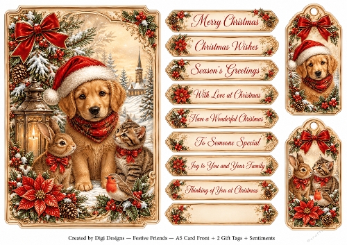 A5 Festive Friends - Quick Card Front, Gift Tags and sentiments 