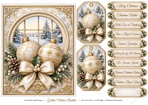 A5 Golden Winter Baubles - Quick Card Front, Gift Tags and sentiments 