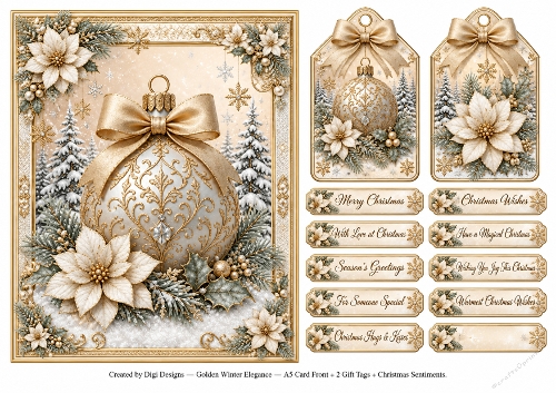 A5 Golden Winter Elegance - Quick Card Front, Gift Tags and sentiments 
