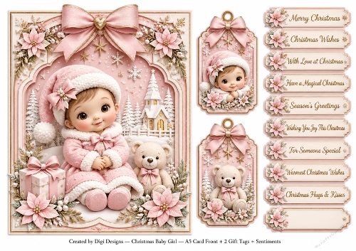 A5 Pastel Pink Christmas - Quick Card Front, Gift Tags and sentiments 