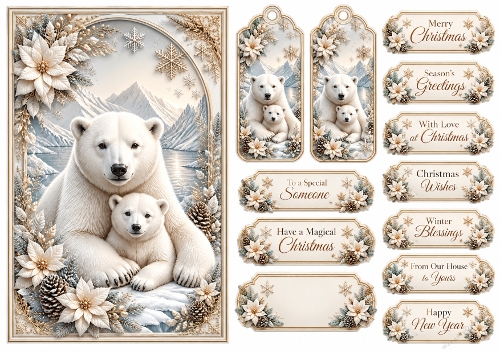 A5 Polar Bear Christmas - Quick Card Front, Gift Tags and sentiments 