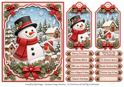 A5 Snowman Cottage - Quick Card Front, Gift Tags and sentiments 