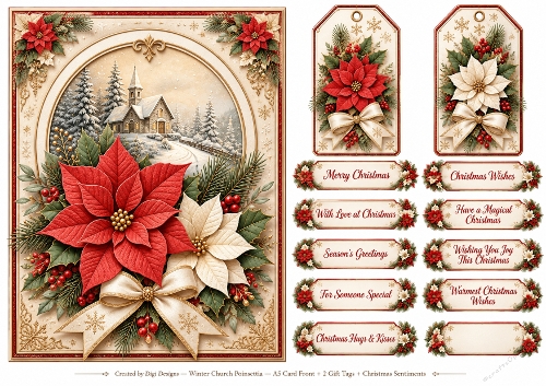 A5 Vintage Christmas Poinsettia - Quick Card Front, Gift Tags and sentiments 