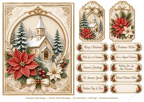 A5 Winter Church - Quick Card Front, Gift Tags and sentiments 