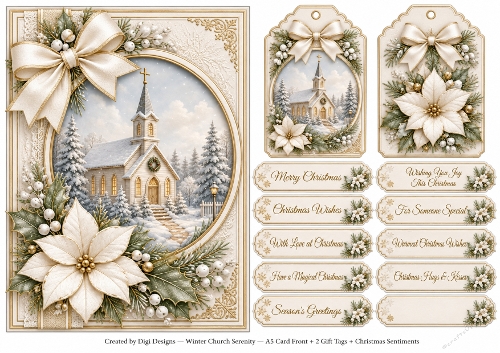A5 Winter Church 2 - Quick Card Front, Gift Tags and sentiments 