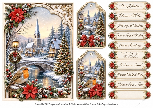 A5 Winter Church 3 - Quick Card Front, Gift Tags and sentiments 