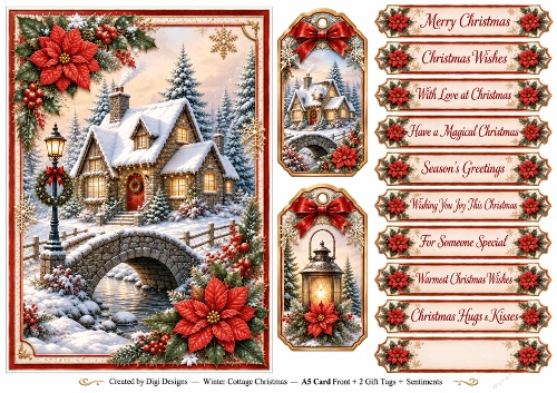 A5 Winter Cottage 2 - Quick Card Front, Gift Tags and sentiments 
