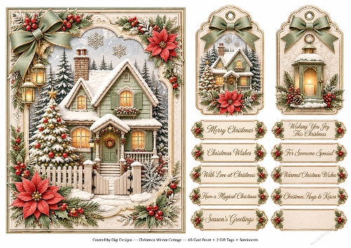 A5 Winter Cottage 3 - Quick Card Front, Gift Tags and sentiments 
